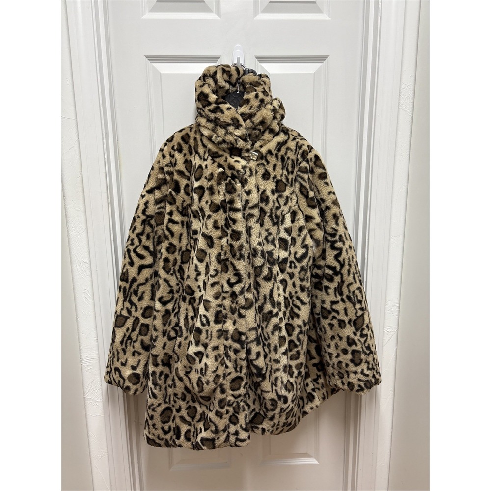 Dennis By Dennis Basso Faux Fur‎ Leopard Print Hooded Jacket Coat Womens 2X